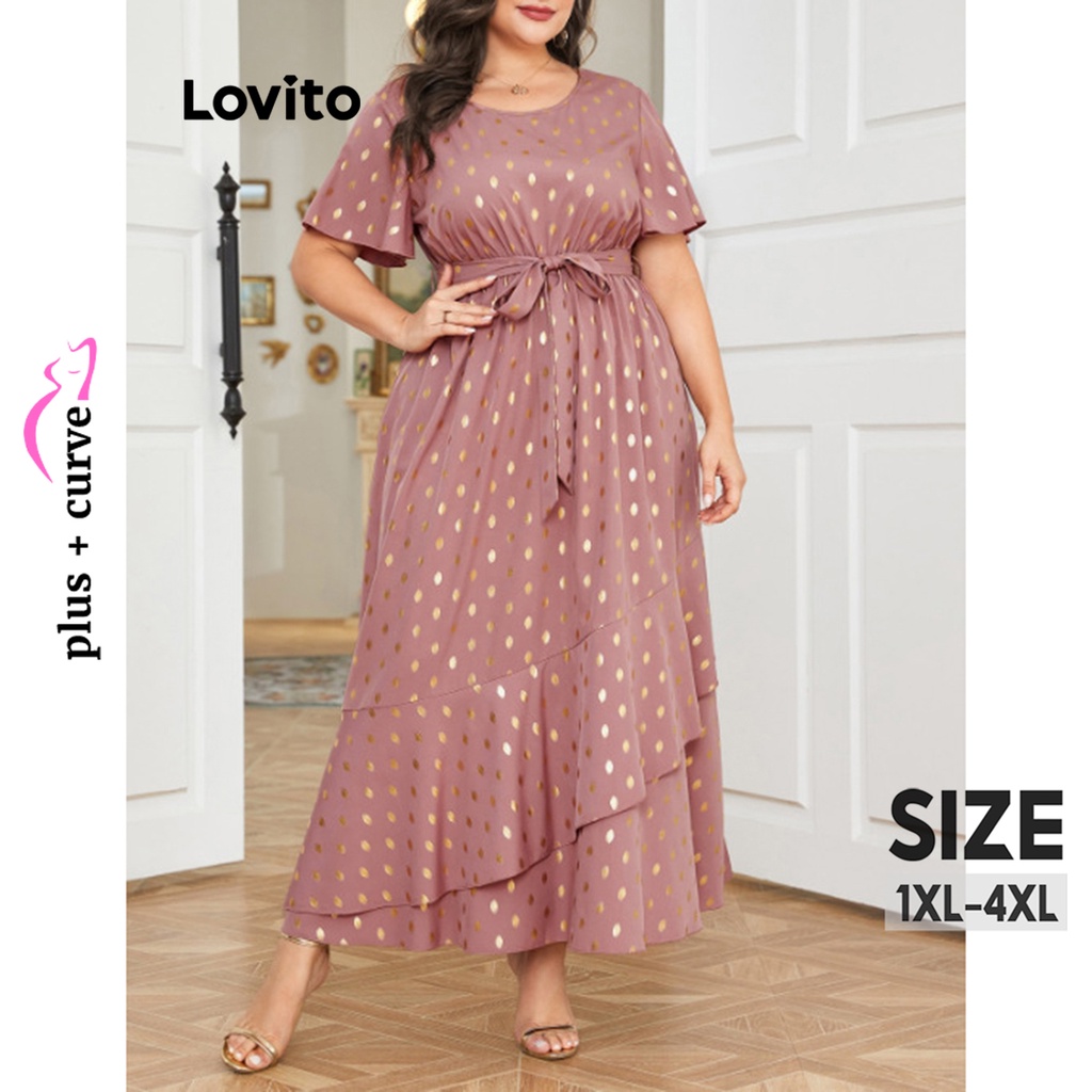 Lovito ชุดเดรสสาวอวบ ป้ายหน้า ผูกเอว แต่งระบาย ลายจุด สไตล์หรูหรา NL38102 (สีชมพู)