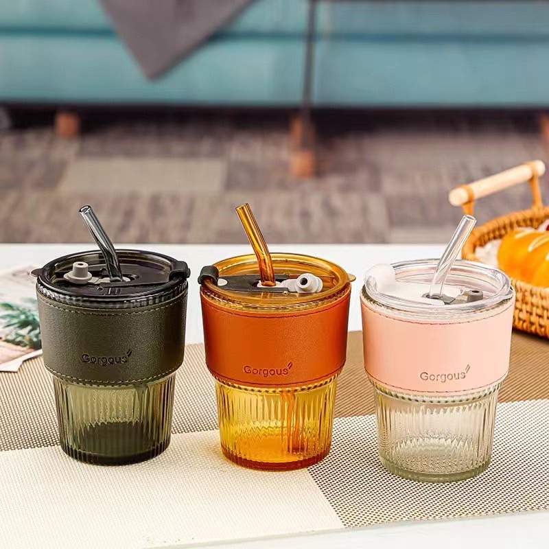 แก้วกาแฟ 450ml สีสวย งานดี แก้วเก็บความเย็น/ร้อน มีหลอด ปลอกแก้วหนัง กันความร้อน กันความเย็น ทนทาน