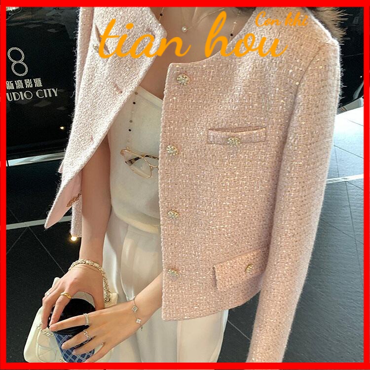 เสื้อแจ็กเก็ตสั้น คอกลม ประดับเลื่อม สีชมพู สําหรับผู้หญิง SGXB