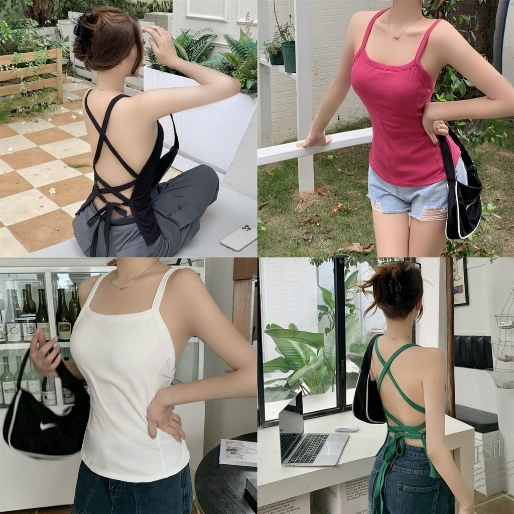 Mini shop🌸พร้อมส่ง🌸 (FY2067) เสื้อสายเดี่ยว มีฟองน้ำ 4สีเว้าหลัง -H