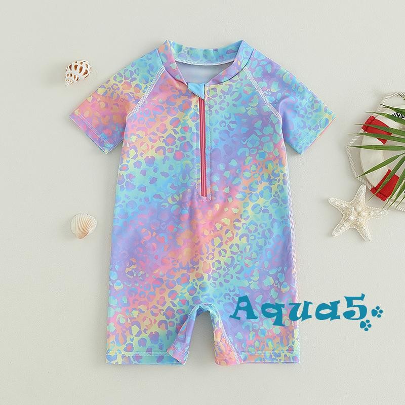 Aqq-ชุดว่ายน้ําเด็กผู้หญิงเสือดาวพิมพ์ซิปแขนยาวbeachwearสําหรับเด็กวัยหัดเดินชุดว่ายน้ํา