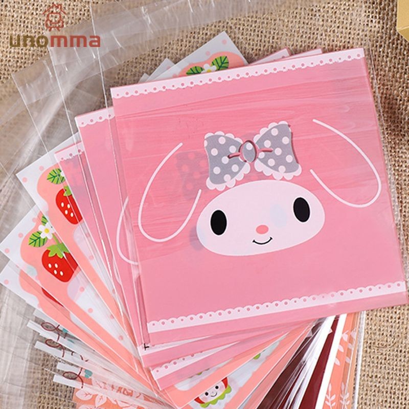 🎈ถุงขนม ถุงพลาสติกฝากาว สำหรับใส่คุกกี้ 🍪 บราวนี่ ของชำร่วย ยางรัดผม 10*10 ซม. 100ใบ/แพ็ค unomma