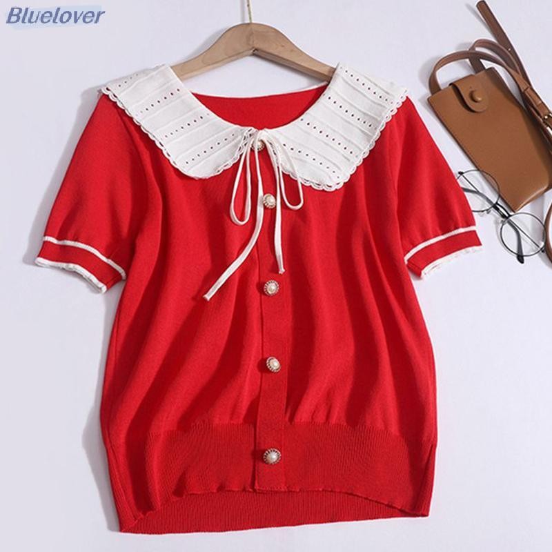 คนรักสีฟ้า ฤดูร้อนเกาหลีหวานโบว์ผูกนัวเนียตุ๊กตาคอปกแขนสั้นอเนกประสงค์เสื้อถักสําหรับผู้หญิงใหม่ - รูปที่ 4