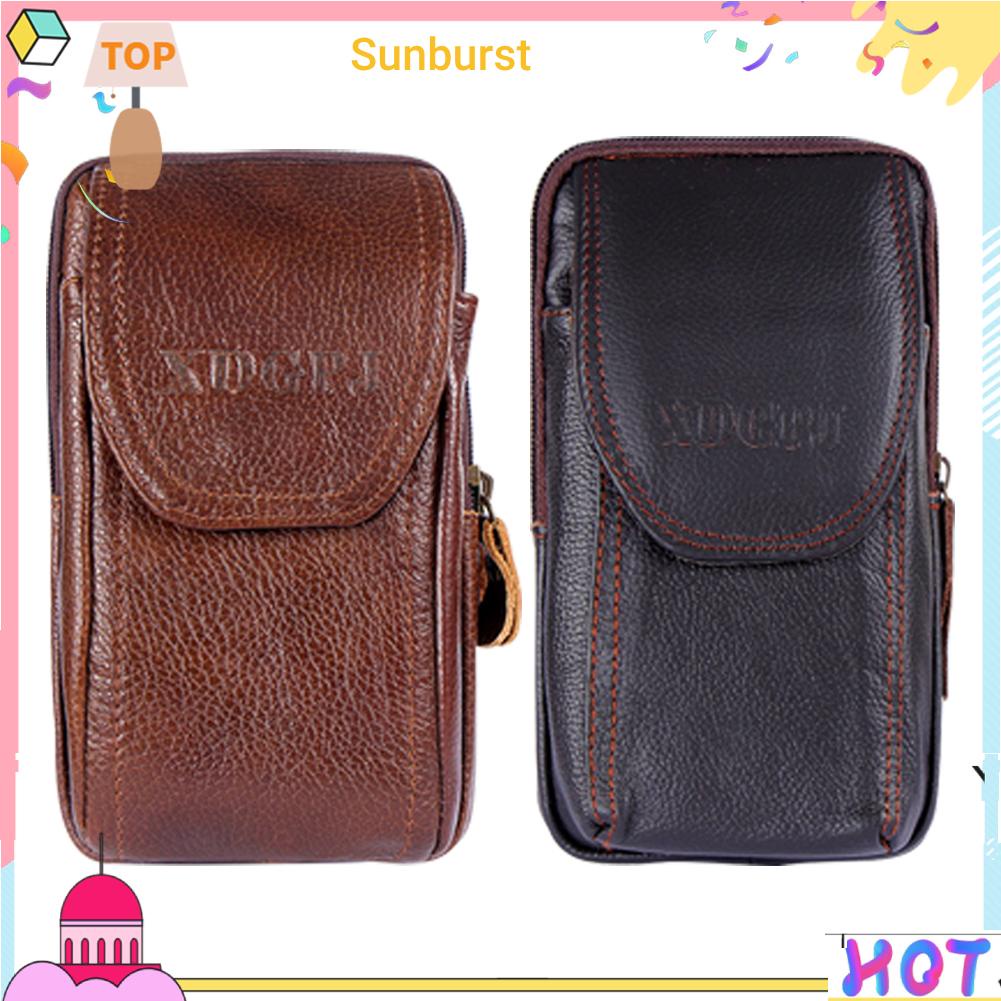 [Sunburst11.th] กระเป๋าหนังวัว ใส่โทรศัพท์ เข็มขัด สีพื้น สามชั้น สําหรับผู้ชาย