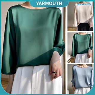 Yyr-- เสื้อยืดคอกลม แขนบาน 3/4 ผ้าซาติน ทรงหลวม สีพื้น แนวสตรีท ฤดูใบไม้ผลิ ฤดูร้อน สําหรับผู้หญิง