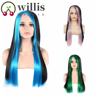 Willis วิกผมยาวตรง สีฟ้า วิกผมหน้าม้า หน้าม้า ตลก สีชมพู ไฮไลท์ สังเคราะห์ ปาร์ตี้ งานรื่นเริง