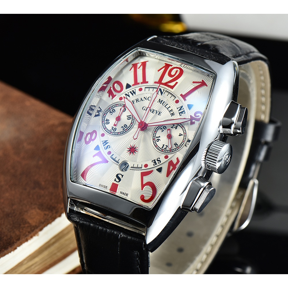 Top ยี่ห้อ Franck Muller ฟังก์ชั่นนาฬิกาควอตซ์สําหรับชาย AAA คุณภาพ 3ATM นาฬิกาข้อมือหนังกันน้ํา Chronograph ชายนาฬิกาแฟชั่น Casual ธุรกิจนาฬิกาผู้ชาย