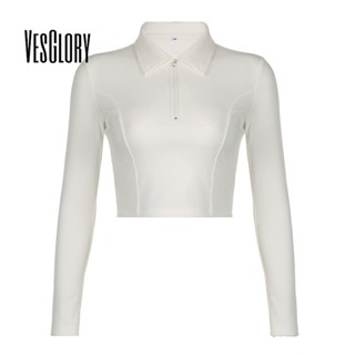 Vesglory เสื้อครอปท็อปแขนยาว คอกลม เข้ารูป มีซิป สีพื้น แฟชั่นสําหรับผู้หญิง 2023