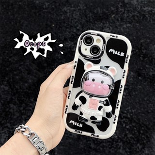 เคสโทรศัพท์มือถือแบบนิ่ม ลายการ์ตูนวัวนักบินอวกาศน่ารัก สามมิติ พร้อมขาตั้ง สําหรับ iPhone 15 14 13 12 11 Pro MAX X XS XR XS MAX 7 8 PLUS