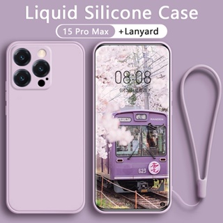 เคสไอโฟน 15 Pro Max 15 Plus เคสซิลิโคนเหลวพร้อมกล้องแบบเต็มสายคล้อง สายคล้องเชือกเส้นเล็ก ข้าวแดง เคส iPhone 15 Pro Max