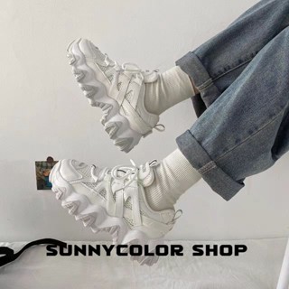 SUNNYCOLOR รองเท้าผ้าใบผู้หญิง สีขาว พื้นหนา รองเท้าผ้าใบส้นสูงส้นหนา รองเท้าแฟชั่น ผูกเชือก 2023 NEW FLD2390MVL 36Z230909