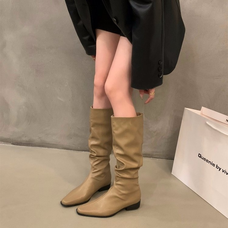 รองเท้าบูท หนัง PU ส้นสี่เหลี่ยม สีพื้น สไตล์ฝรั่งเศส เรโทร ราคาถูก ขายส่ง แฟชั่นฤดูหนาว สําหรับผู้หญิง นักเรียน