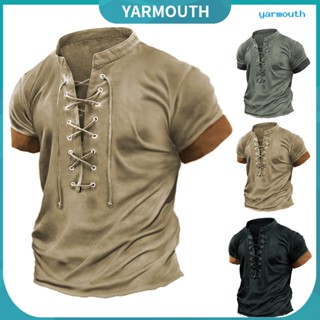 Yyr-- เสื้อยืดแขนสั้นลําลอง ผ้าโพลีเอสเตอร์ แบบผูกเชือก สไตล์วินเทจ เรโทร เหมาะกับฤดูร้อน สําหรับผู้ชาย