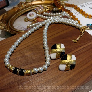 0914YWSJ Antique Vintag 24K Gold Plated Black and White Pearl Necklace High Profile Retro Chain Set High Quality Earrings VOOG