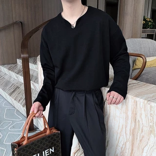เสื้อยืดแขนยาว คอวี ทรงหลวม สีพื้น เข้ากับทุกการแต่งกาย แฟชั่นฤดูใบไม้ผลิ และฤดูร้อน สไตล์เกาหลี สําหรับผู้ชาย
