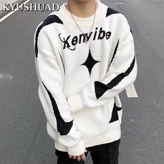 Kyushuad เสื้อกันหนาว คอกลม พิมพ์ลายตัวอักษร สไตล์สตรีท อเมริกัน อเนกประสงค์ สีตัดกัน สําหรับคู่รัก