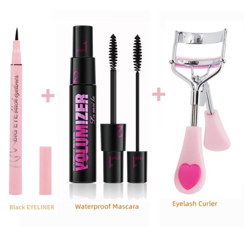3 In 1 ชุดเครื่องสําอาง มาสคาร่า ที่ดัดขนตา อายไลเนอร์ สีดํา กันน้ํา ติดทนนาน พร้อมหวี