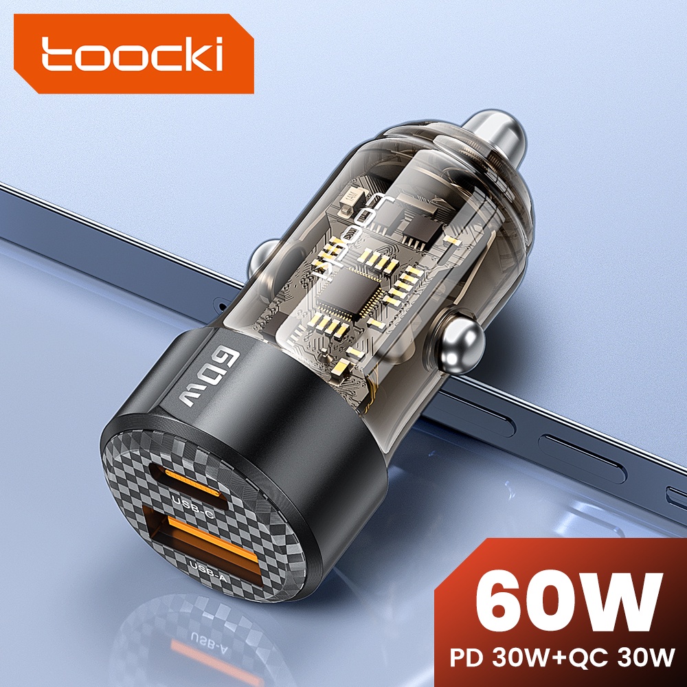 Toocki อะแดปเตอร์ที่ชาร์จในรถยนต์ พอร์ตคู่ 60W PD QC30W USB Type C A+C