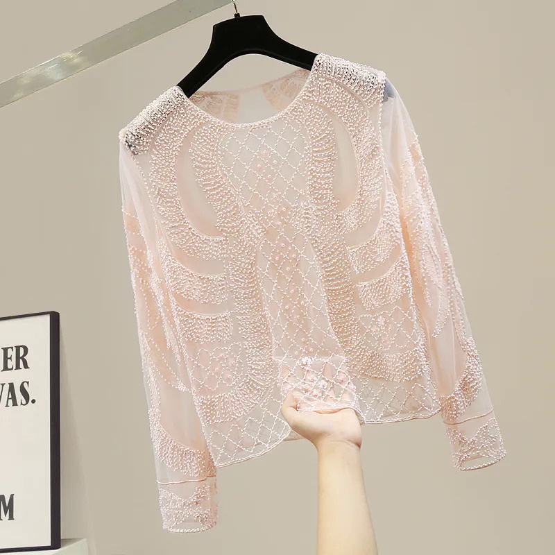 Sidaimi 2 สี Vintage Sequined ลูกปัดตรง O-คอยาวแขนยาว Slim Casual สวมใส่ทุกวันผู้หญิง T เสื้อสําหรับ