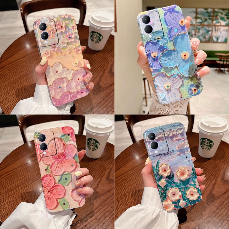 เคสโทรศัพท์มือถือ ซิลิโคนนิ่ม ลายภาพวาดสีน้ํามัน รูปดอกไม้ ระยิบระยับ สําหรับ Vivo Y17s Y27 Y36 4G 5G 2023 Y17s 2023
