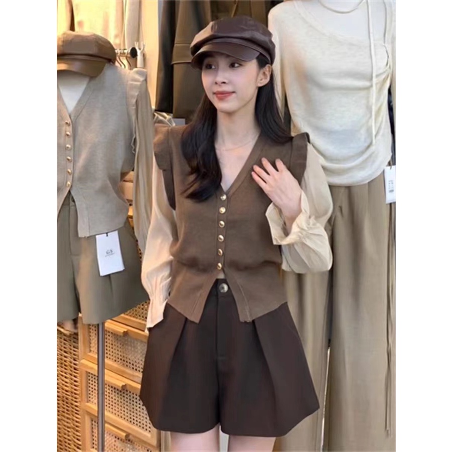 Xiao เสื้อคาร์ดิแกน คอวี แขนพอง ผ้าถัก แต่งระบาย สไตล์เกาหลี แฟชั่นฤดูใบไม้ร่วง สําหรับผู้หญิง 9L7M