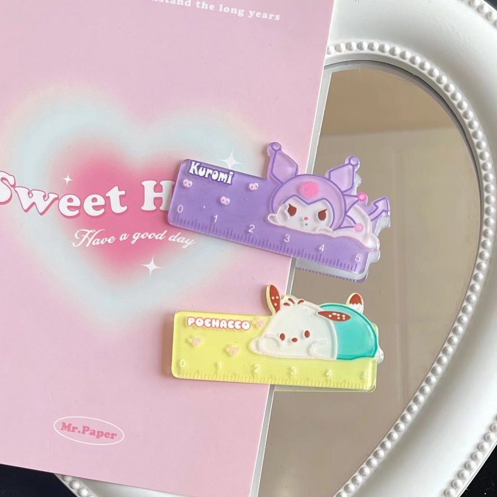 SANRIO ไม้บรรทัดขนาดเล็ก ซานริโอ เครื่องเขียนอะคริลิคนักเรียนการ์ตูนแบบพกพาไม้บรรทัดขนาดเล็กสร้างสรรค์แบบพกพา