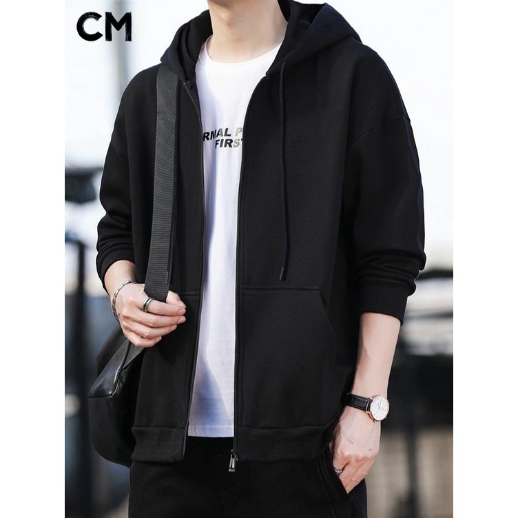 CLIFF เสื้อกันหนาว ผ้าบาง ๆ ซิป เสื้อกันหนาวมีฮู้ด สีดำและสีเทา