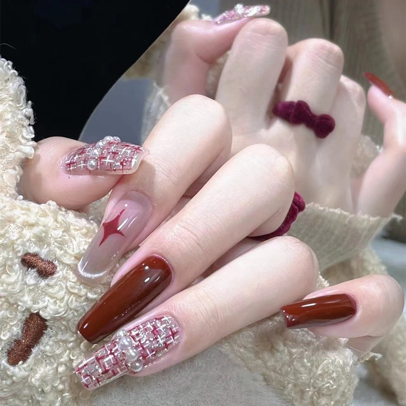 【HANDMADE】เล็บปลอม ทรงสี่เหลี่ยมคางหมูยาว สีไวน์แดง นํากลับมาใช้ใหม่ได้ สําหรับตกแต่งเล็บ