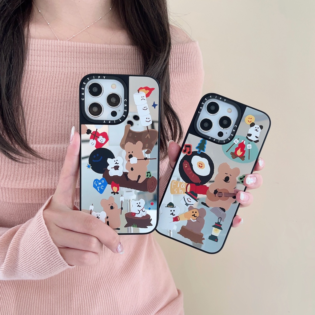 Casetif Happy Campers หมีแฟชั่นกระจกเคสโทรศัพท์สําหรับ IPhone 14 Plus 15 16 Pro Max 12 Mini 13 Pro Max 11 14 Pro X Xr Xs Max น่ารักน่ารักซิลิโคนปลอกเต็มฝาครอบป้องกัน