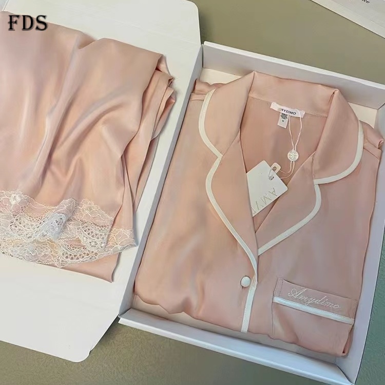 Fds INS ชุดนอน เสื้อแขนยาว กางเกงขายาว ผ้าเรยอน สีพื้น สไตล์เกาหลี แฟชั่นฤดูใบไม้ผลิ และฤดูใบไม้ร่วง สําหรับผู้หญิง