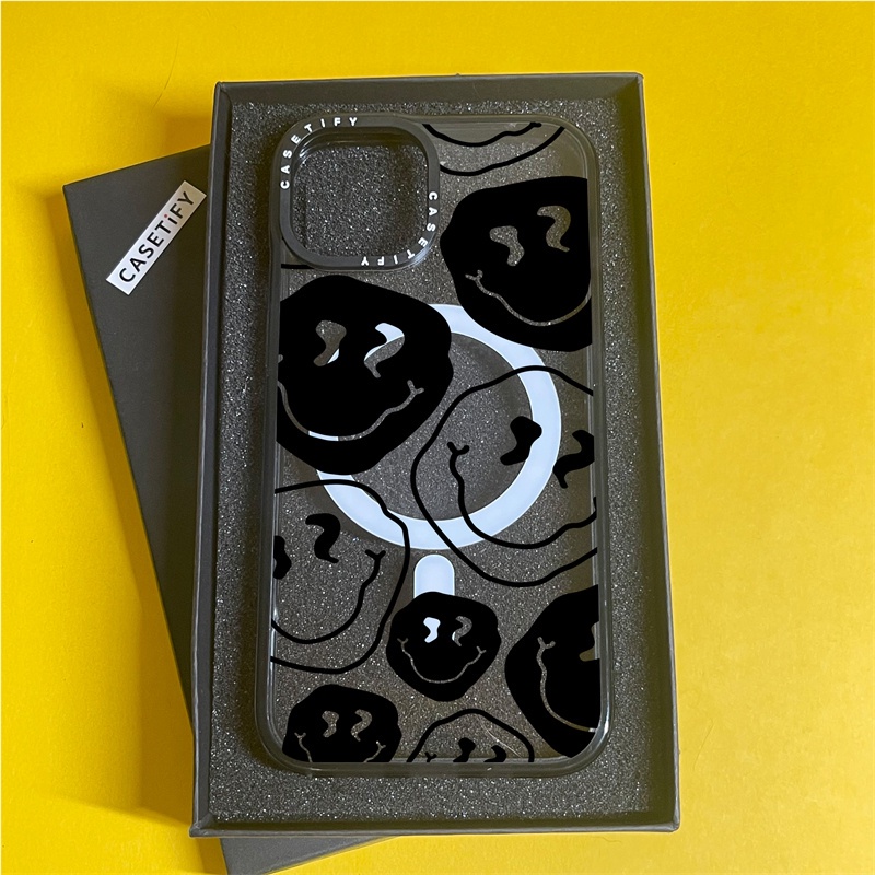 Casetify X เคสโทรศัพท์มือถืออะคริลิค TPU แบบแข็ง ขอบสีดํา ลายหน้ายิ้ม พร้อมกล่อง สําหรับ Apple IPhone 11 12 13 14 15 Pro Max