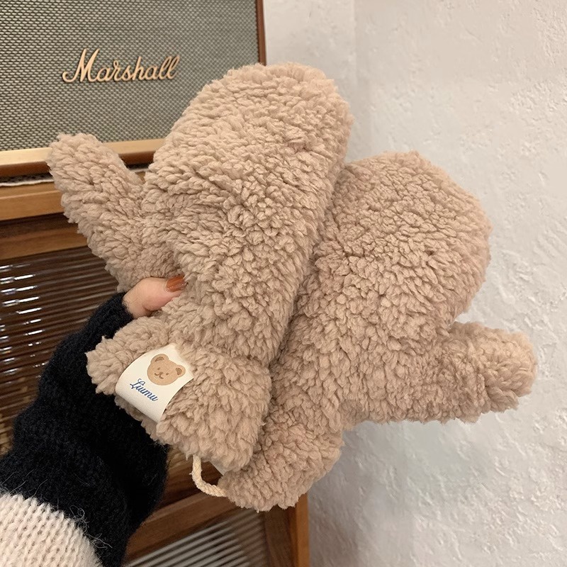 ถุงมือ ผ้ากํามะหยี่ขนนิ่ม หนา ปักลายหมี ให้ความอบอุ่น เหมาะกับฤดูหนาว กลางแจ้ง สําหรับผู้หญิง นักเรียน