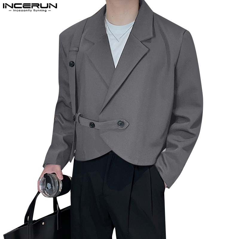 Incerun เสื้อเบลเซอร์ แขนยาว เปิดไหล่ สีพื้น สไตล์เกาหลี สําหรับผู้ชาย