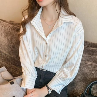 ❤️LittlebeeW285❤️เวอร์ชั่นเกาหลี เสื้อเชิ้ตลายทางสีน้ำเงินเข้ม เสื้อเชิ้ตทำงานหลวม 2 สี