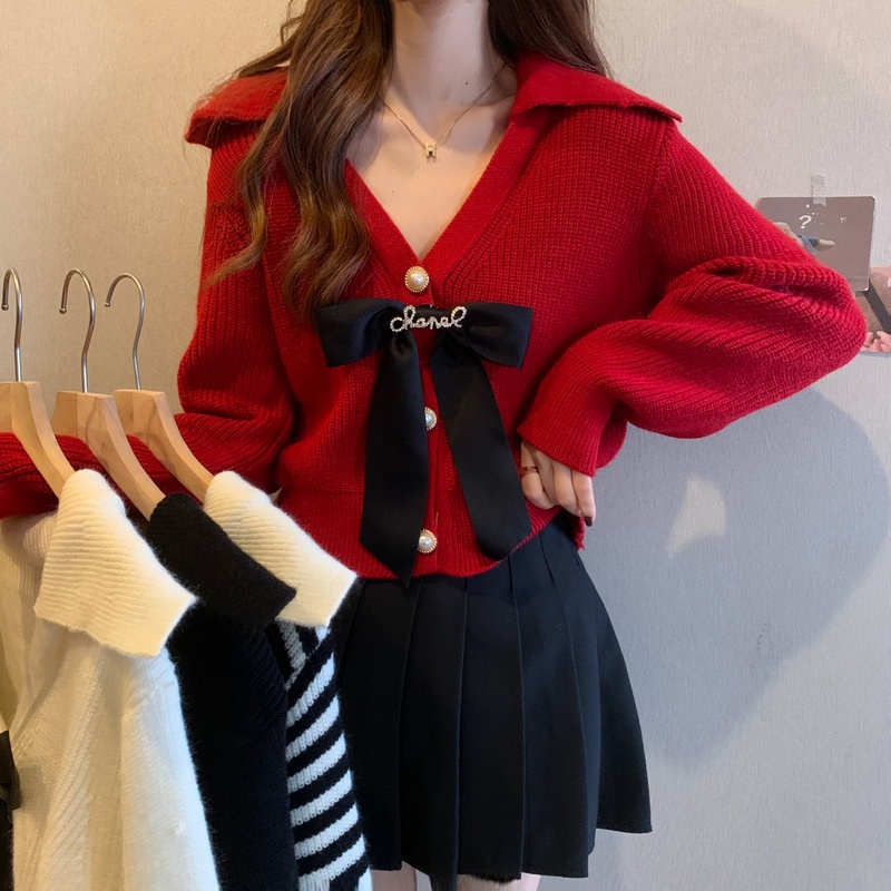 เสื้อโค้ทกันหนาว คอวี ผ้าถัก ประดับโบว์ สีแดง เหมาะกับฤดูใบไม้ร่วง และฤดูหนาว สําหรับผู้หญิง เสื้อผ้าคริสต์มาส