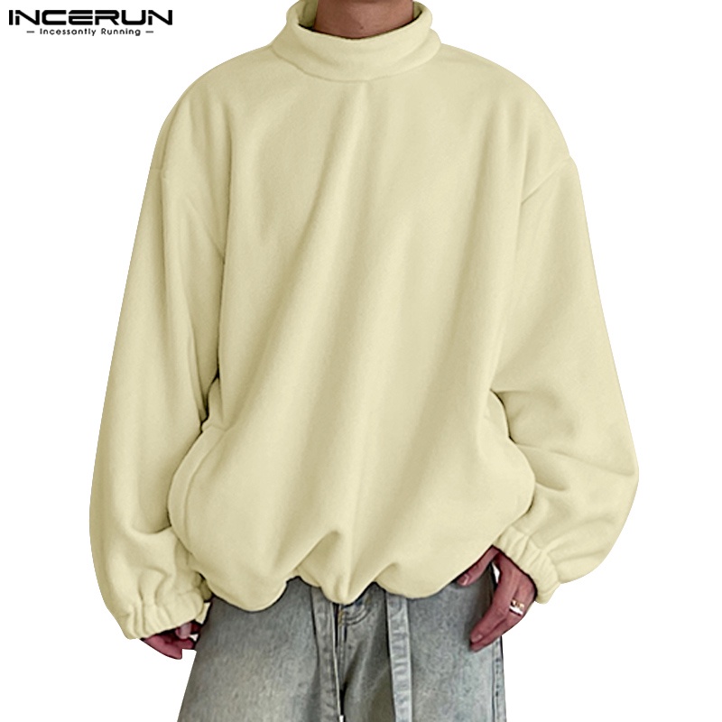 Incerun เสื้อกันหนาว แขนยาว คอสูง ทรงหลวม แบบสวมหัว สีพื้น แฟชั่นสําหรับผู้ชาย