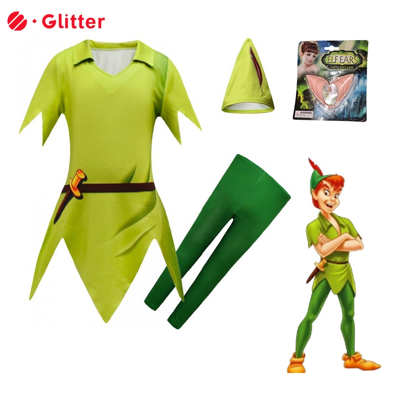 Peter Pan Inspired ชุดคอสเพลย์ เสื้อยืด กางเกงขายาว สีเขียว สําหรับเด็กผู้ชาย ใส่ไปปาร์ตี้ฮาโลวีน