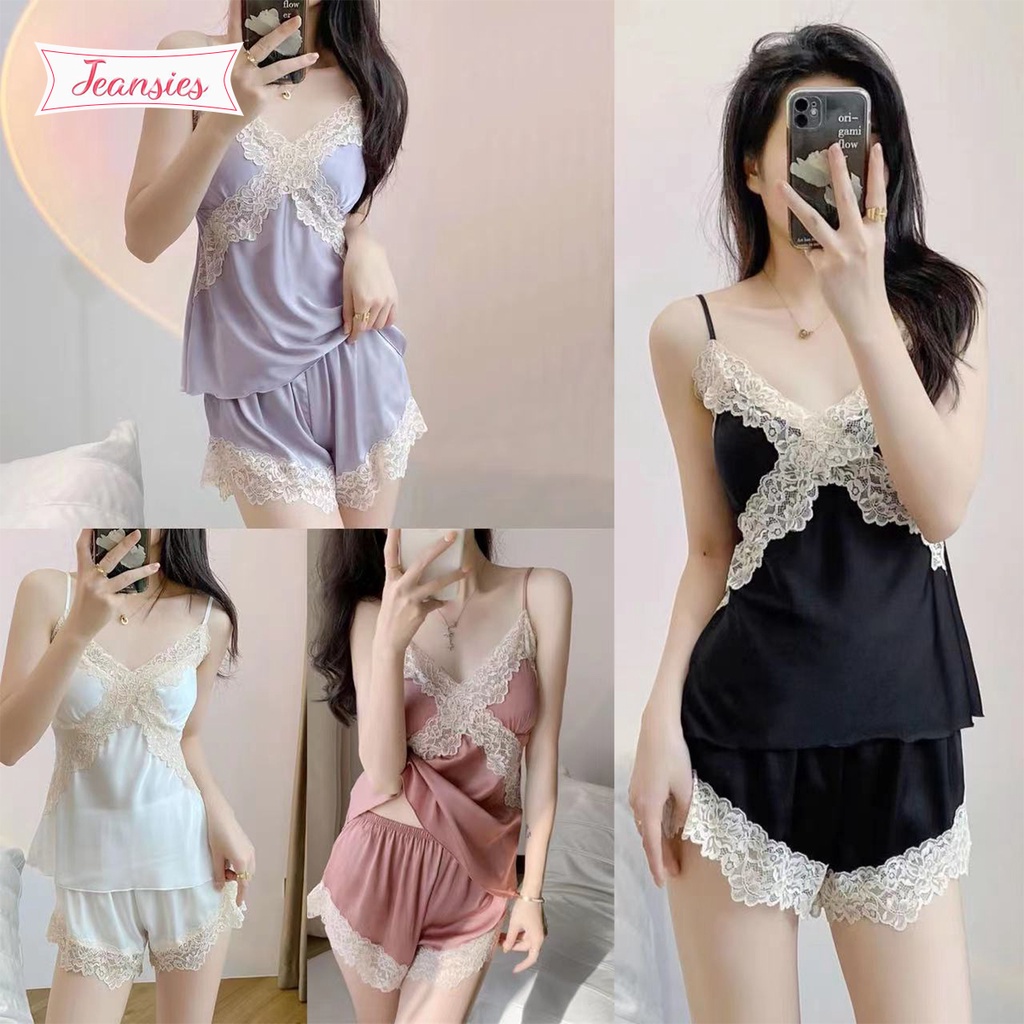 เซตเสื้อ+กางเกง ชุดนอนเซ็กซี่ ชุดนอนน่ารัก สีพื้นแต่งระบาย