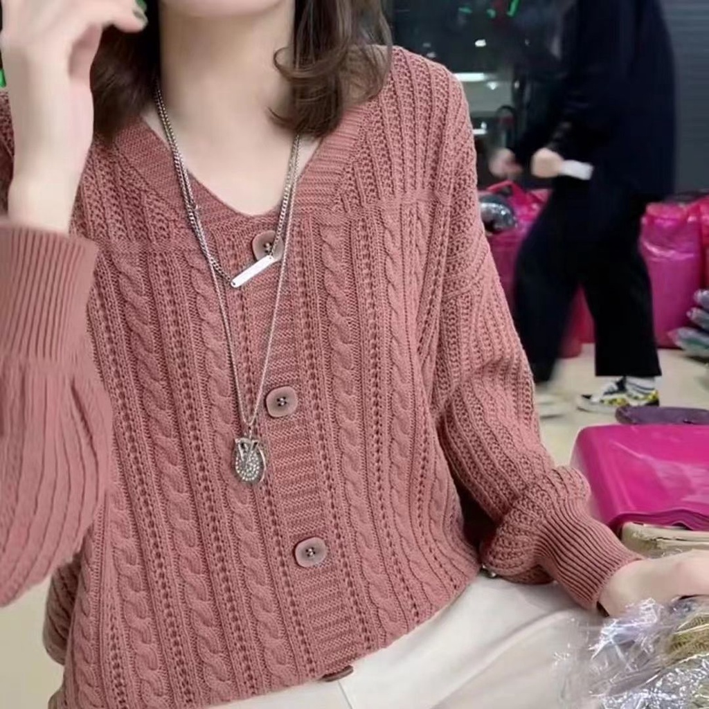 เสื้อกันหนาว คอวี แขนยาว ผ้าถัก ทรงหลวม สําหรับผู้หญิง