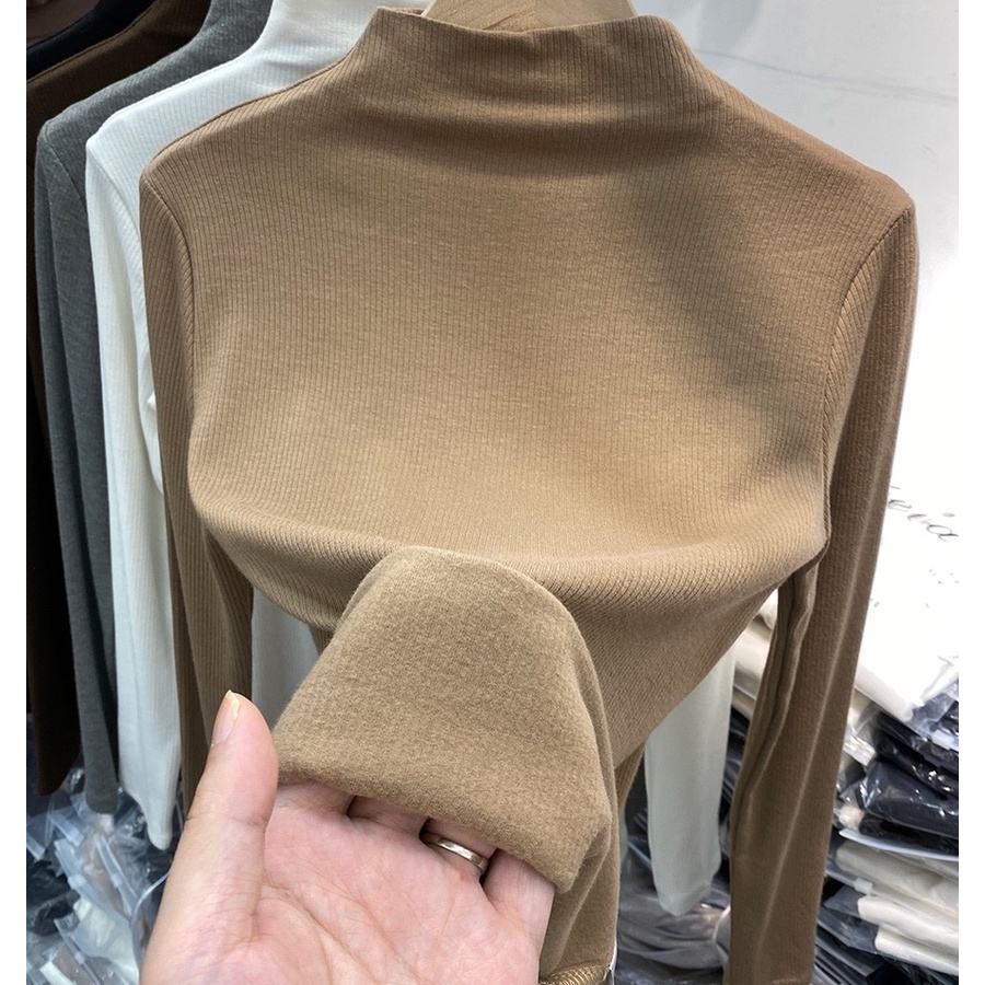 Bh เสื้อยืดแขนยาว คอสูง ผ้าฝ้ายขนแกะ เข้ารูป แฟชั่นฤดูหนาว สําหรับผู้หญิง