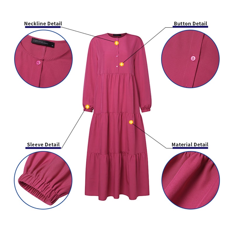 Zanzea ชุดเดรส แขนยาว หลายชั้น สไตล์วินเทจ สําหรับผู้หญิงชาวมุสลิม - รูปที่ 6