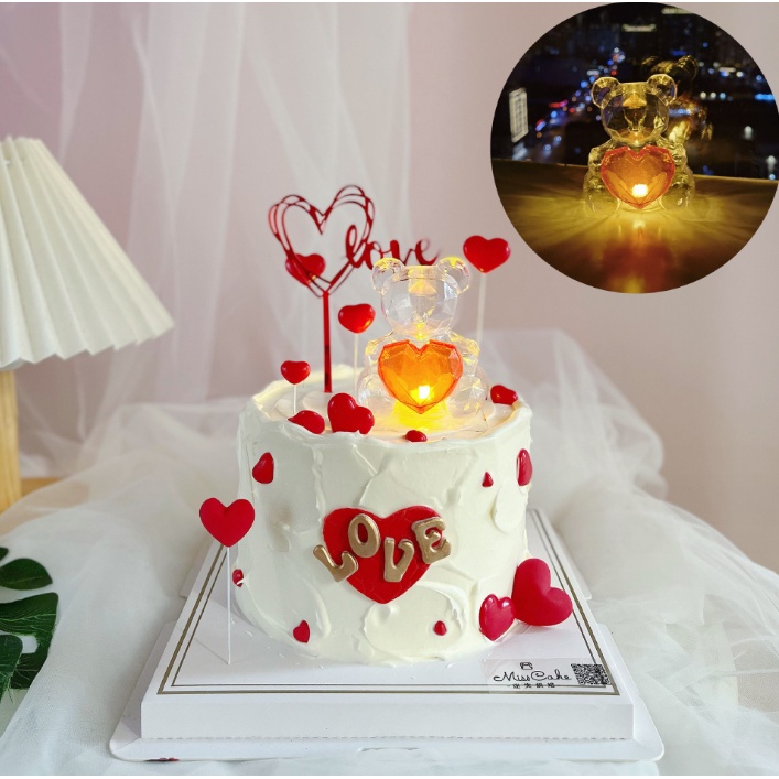 ป้ายท็อปเปอร์ LED รูปหัวใจ และหมีน่ารัก สําหรับตกแต่งเค้ก เบเกอรี่ วันวาเลนไทน์ DIY