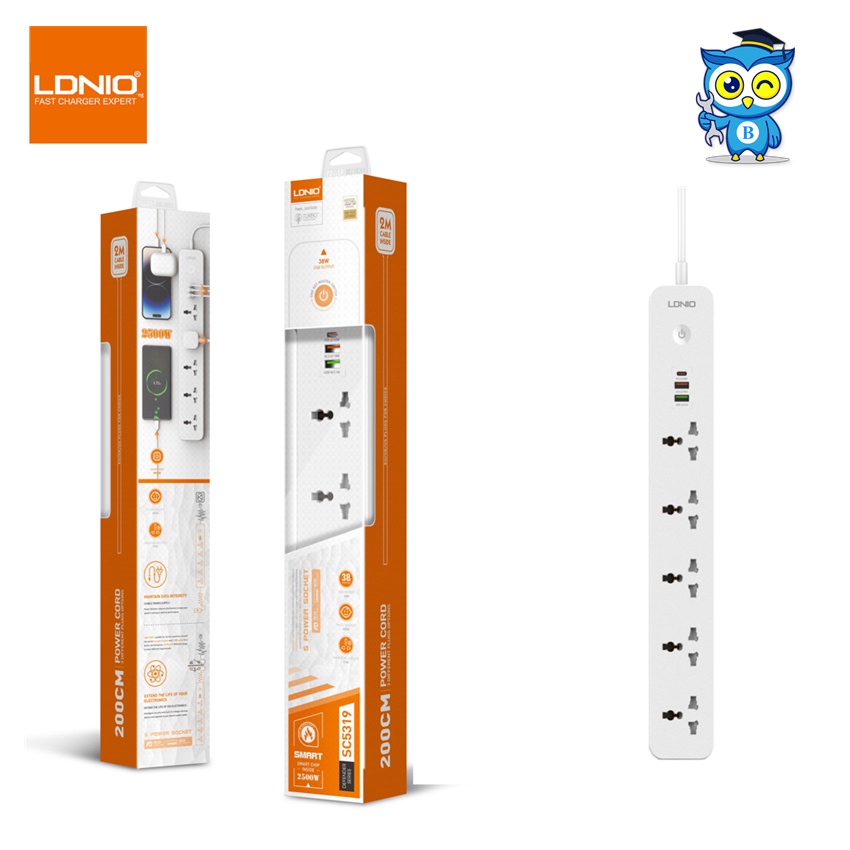ของแท้100% LDNIO SC5319 มาใหม่ 5 เต้าเสียบสากลและพอร์ต USB 3 PD3.0/20W QC3.0/18W USB-A/2.4A 38W พอร์ตรางปลั๊กไฟสูง EU