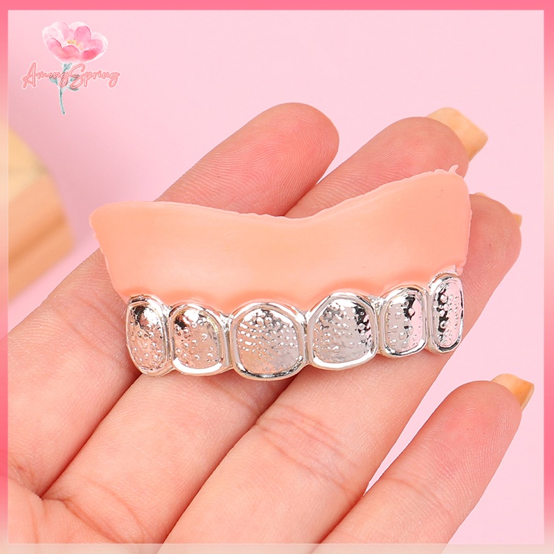 Amongspring> ใหม่ ชุดฟันปลอม ชุบไฟฟ้า สีทอง และสีเงิน สําหรับปาร์ตี้ฮาโลวีน 2 ชิ้น