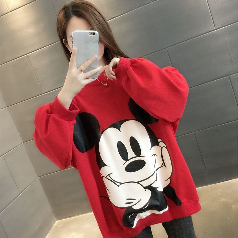 เสื้อกันหนาวลําลอง แขนยาว คอกลม ทรงหลวม ลายมิกกี้เมาส์ แฟชั่นสไตล์เกาหลี สําหรับผู้หญิง