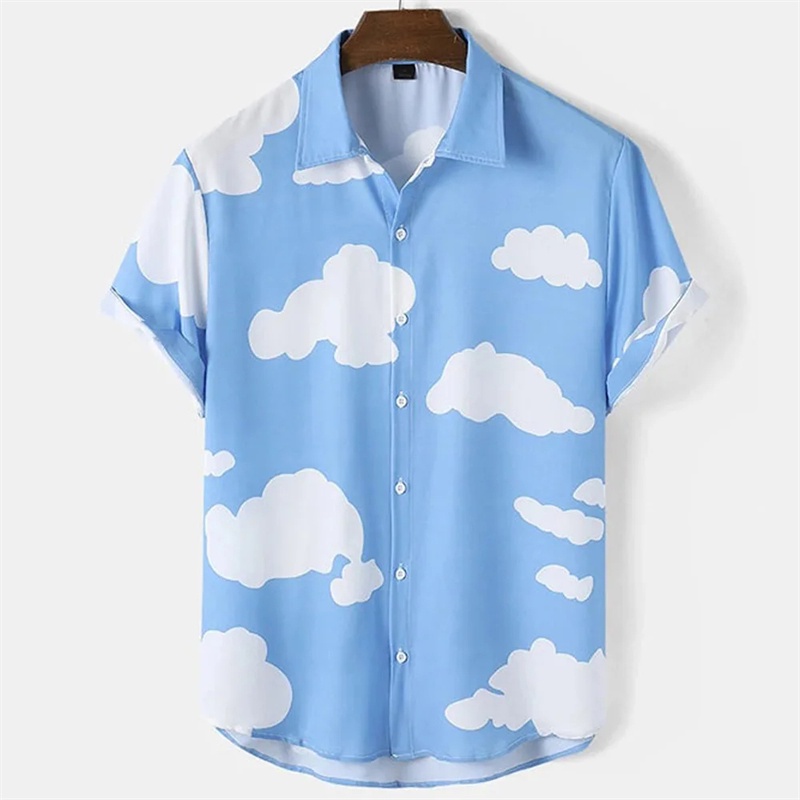 เสื้อเบลาส์ลําลอง คอปก พิมพ์ลายก้อนเมฆ 3D หลากสีสัน แฟชั่นฮาราจูกุ สําหรับผู้ชาย Y2k