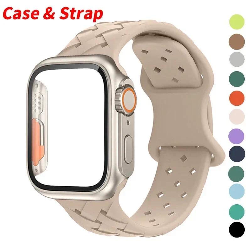 เคสและสายซิลิโคน กระจกนิรภัย สําหรับ Apple Watch 44 มม. 45 มม. 40 มม. 41 มม. iWatch series 4 5 6 se 7 8 9