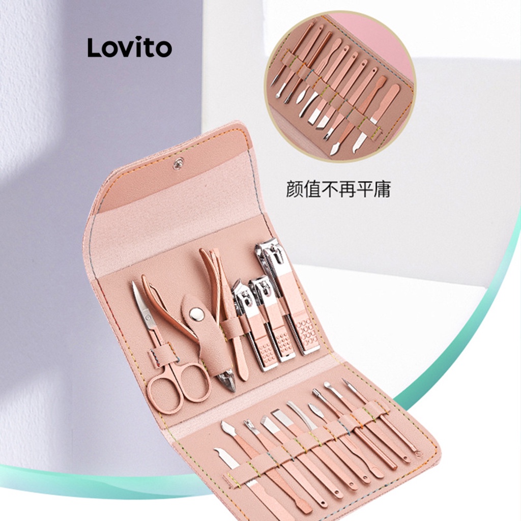 Lovito Beauty เซ็ทอุปกรณ์ทำเล็บ สเตนเลส อเนกประสงค์ พร้อมกระเป๋าเก็บ สำหรับผู้หญิง LBT01063