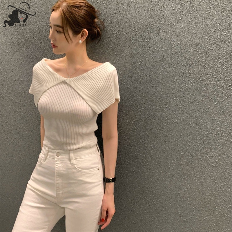 Lishu เสื้อยืด เปิดไหล่ ผ้าถัก สีพื้น หรูหรา สไตล์เกาหลี เหมาะกับฤดูร้อน สําหรับผู้หญิง