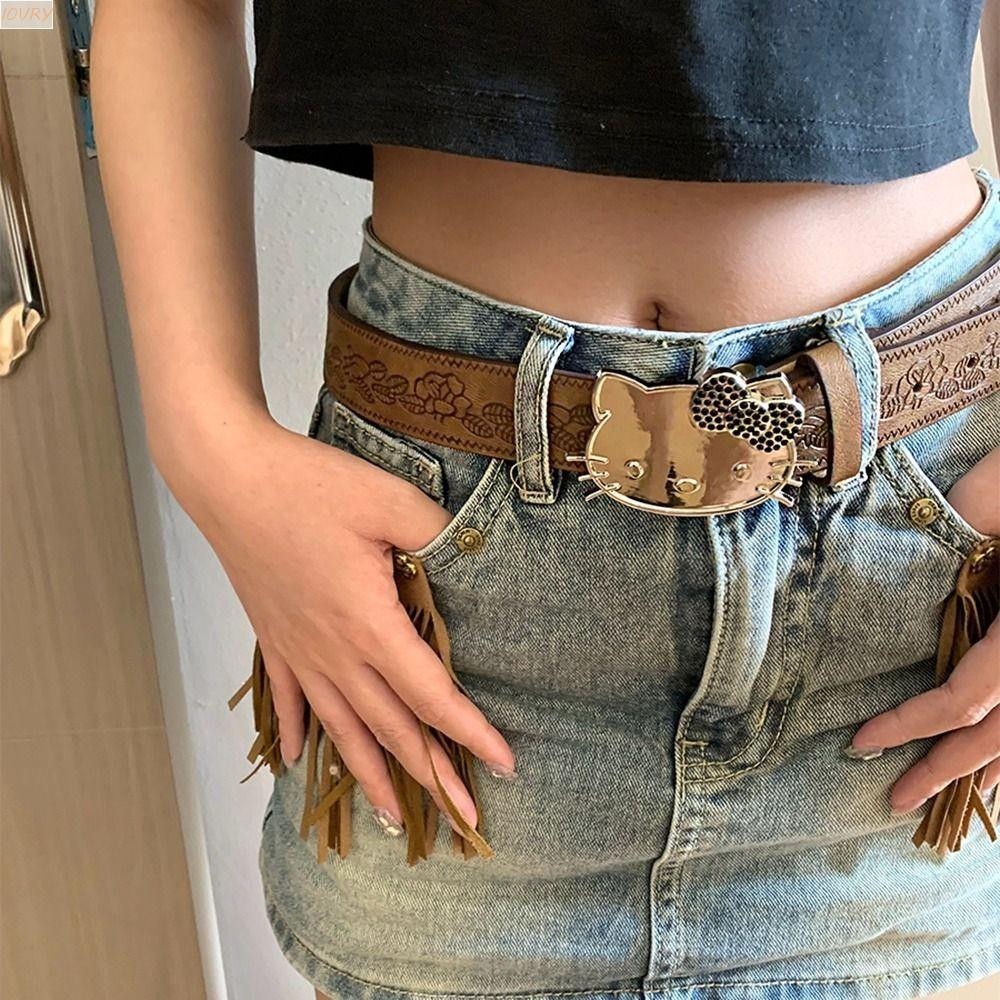 เข็มขัดคาดเอวแมวคิตตี้ IVORY,หัวเข็มขัดโลหะวินเทจพิมพ์เข็มขัดหนัง PU, บุคลิกภาพ Egirl สไตล์ Y2k เข็มขัดยีนส์สไตล์เกาหลีสาวเผ็ด